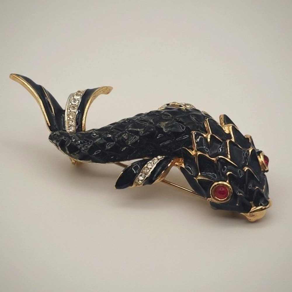 Vintage Rhinestone Koi Fish Brooch Black Enamel Gold Tone Red Eye Figural 3" Pin